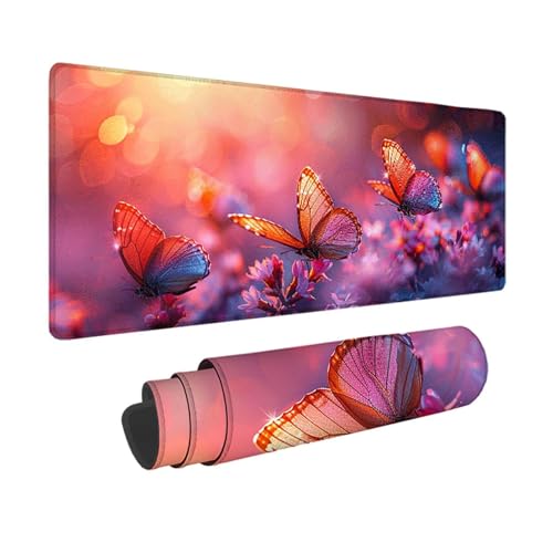 Schmetterling Gaming Mauspad XXL 1500 x 800 mm, 3MM Genähten Kanten Mousepad Rosa Schreibtischunterlage mit rutschfeste Gummibasis, Gaming Zubehör WassXerdicht Mouse Pad für PC, Laptop -xy2503YV von YXYBBBDOU