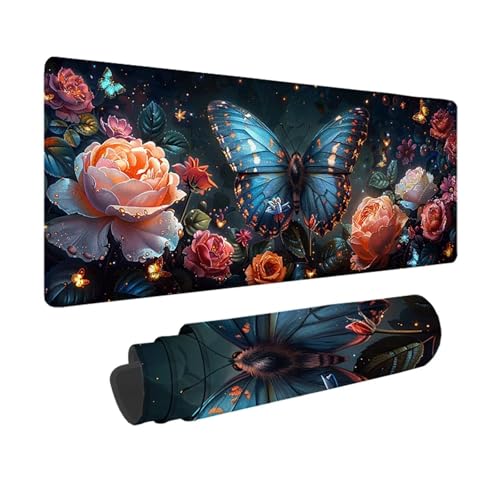 Schmetterling Gaming Mauspad XXL 800x400x3mm, 3MM Genähten Kanten Mousepad Blau Schreibtischunterlage mit rutschfeste Gummibasis, Gaming Zubehör WassXerdicht Mouse Pad für Computer, Laptop -xy250339 von YXYBBBDOU