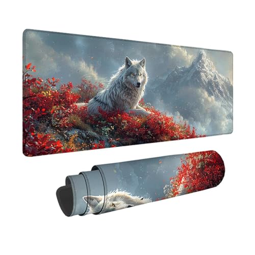 Wolf Gaming Mauspad XXL 800 x 400mm, 3MM Genähten Kanten Mousepad Weiß Schreibtischunterlage mit rutschfeste Gummibasis, Gaming Zubehör WassXerdicht Mouse Pad für PC, Laptop, Geschenke -xy2503Z5 von YXYBBBDOU