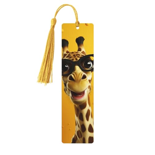 Lesezeichen aus Holz, animierte Giraffe mit Brille auf gelbem Hintergrund, mit bunten Quasten, Holz-Lesezeichen, personalisierte Holzanhänger zum Aufhängen, Ornamente, Basteln, Lesezeichen für Männer von YYKSRNBD