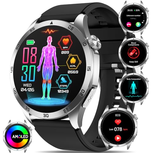 Neue Smartwatch mit EKG/HRV/Harnsäure/Lipiden/BMI, 3,6 cm (1,43 Zoll) AMOLED Smartwatch mit Anruf, Bluetooth, Müdigkeit, Stimmung, Körpertemperatur, SPO2, Schlafüberwachung für Android/iOS von YYKY