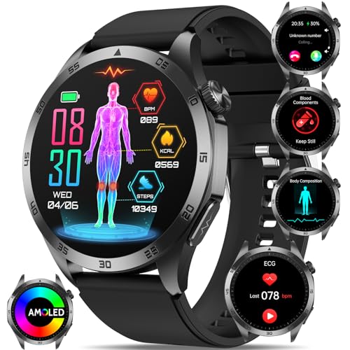 Smartwatch Herren Damen ΒΙυτｚυcker/EKG+HRV/Harnsäure/BMI Gesundheitsuhr 1.43”AMOLED Smartwatch Always-On Display mit Telefonfunktion,SOS-Notruf,24H Herzfrequenz,Schlafmonitor,Wetter für Android iOS von YYKY
