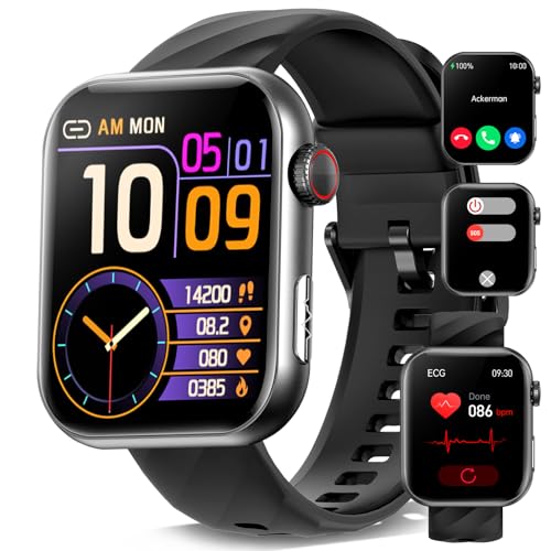YYKY 2024 EKG Smartwatch mit SOS-Anruffunktion/Telefonfunktion,1,96 Zoll Smartwatch Damen Herren mit Herzfrequenz/Schlaf/Blutdruck/150+ Sportmodi Schlafmonitor für Android/iOS (Schwarz) von YYKY