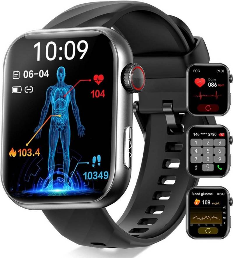YYKY Smartwatch (1,96 Zoll, Android iOS), Uhr für Blutzuckerspiegel Schlafmonitor Schrittzähler Thermometer SpO2 von YYKY