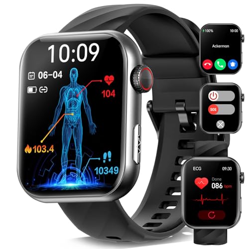 YYKY Smartwatch Damen Herren,1.72”Annehmen/Anruf tätigen 2024 EKG Smartwatch mit/SOS-Notruf/Sportuhr Smartwatch für Android iOS (Schwarz) von YYKY