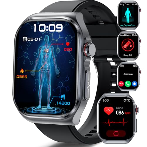 YYKY Smartwatch Damen Herren,1.72”Annehmen/Anruf tätigen 2024 EKG Smartwatch mit/SOS-Notruf/Sportuhr Smartwatch für Android iOS (Schwarz) von YYKY