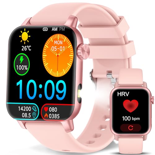 Smartwatch Telefonfunktion/DIY Video-Watchface ΒΙυτｚυcker LED Taschenlampe Fitnessuhr 1.85"Smartuhr Herren Damen HRV 24h Herzfrequenz,SpO2,Schlafmonitor,100+Sportarten,Stress,IP68,Wetter Dunkelpink von YYKY