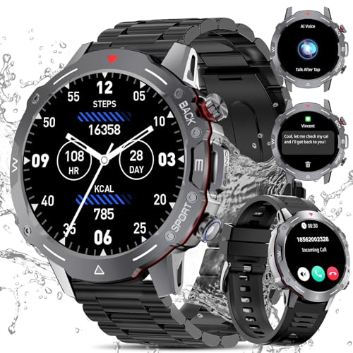 Smartwatch Herren mit[Metallband+Silikonarmband]1,39"Militär Smart Watch mit Bluetooth Anrufe,Herzfrequenz, Blutdruck,Schlafüberwachung für Android iOS,123+Sportmodi Fitnessuhr,Android iOS Kompatibel von YYKY
