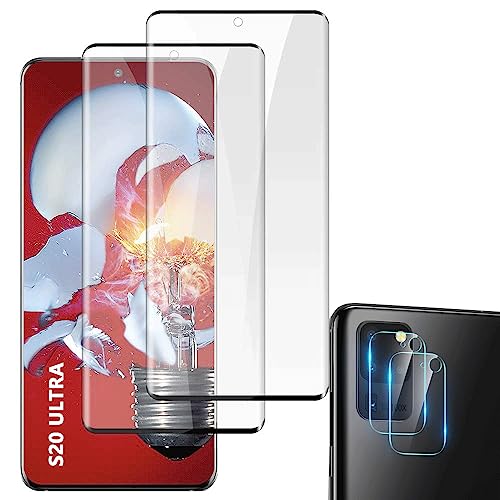 Schutzfolie Kompatibel für Galaxy S20 Ultra, Fingerabdrucksensor Kompatible, +Linse Schutzfolie, [2+2 Stück] 3D Full Screen Panzerglasfolie, 9H Härte, HD Klar, Displayschutzfolie für Galaxy S20 Ultra von YYST