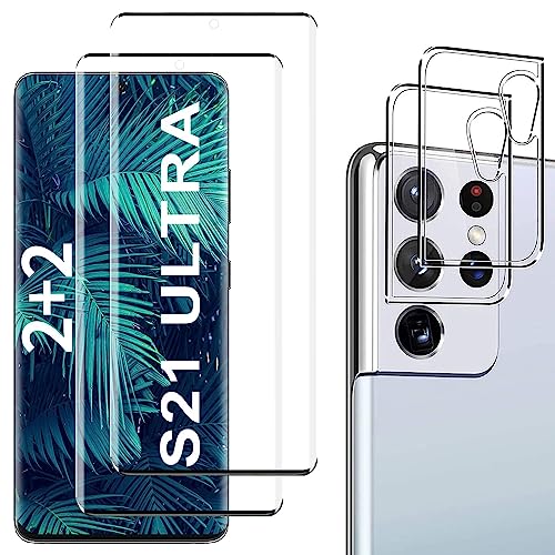 Schutzfolie Kompatibel für Galaxy S21 Ultra, Fingerabdrucksensor Kompatible, +Linse Schutzfolie, [2+2 Pack] 3D Full Screen Panzerglasfolie, 9H Härte, HD Klar, Displayschutzfolie für Galaxy S21 Ultra von YYST