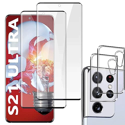 Schutzfolie Kompatibel für Galaxy S21 Ultra, Fingerabdrucksensor Kompatible, +Linse Schutzfolie, [2+2 Stück] 3D Full Screen Panzerglasfolie, 9H Härte, HD Klar, Displayschutzfolie für Galaxy S21 Ultra von YYST