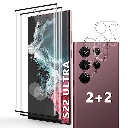 Schutzfolie Kompatibel für Galaxy S22 Ultra, Fingerabdrucksensor Kompatible, +Linse Schutzfolie, [2+2 Pack] 3D Full Screen Panzerglasfolie, 9H Härte, HD Klar, Displayschutzfolie für Galaxy S22 Ultra von YYST