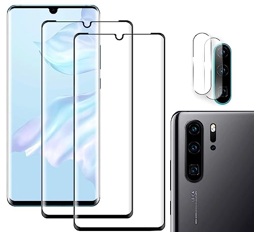 YYST [2+2 Stück Schutzfolie für Huawei P30 Pro, Anti Kratzen, [+Linse Schutzfolie], 9H Härte, Unterstützung für Fingerabdrucksensor, Blasenfrei, 3D gebogenes gehärtetes Glas Displayschutzfolie von YYST