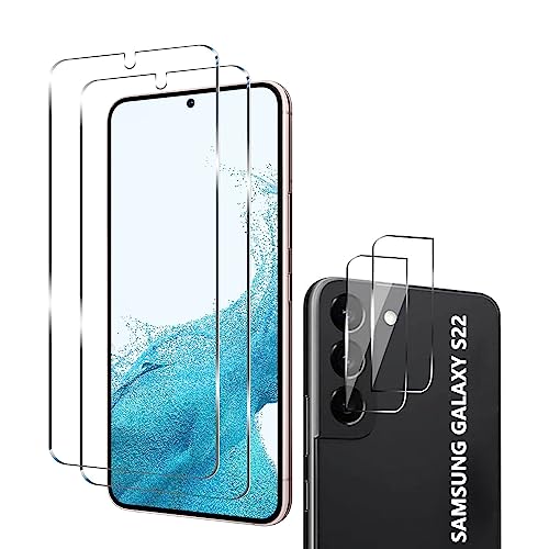 YYST Schutzfolie Kompatibel für Samsung Galaxy S22, Fingerabdrucksensor Kompatible, Linse Schutzfolie, [2+2 Stück] 3D Full Screen Panzerglasfolie, 9H Härte, HD Klar, Displayschutzfolie für Galaxy S22 von YYST