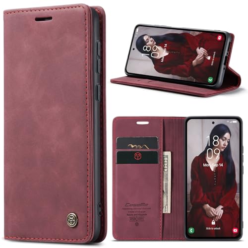 CaseMe Schutzhülle für Samsung Galaxy A35 5G, weiches PU-Leder, Klappetui, magnetischer Ständer, Klapphülle mit Ausweis- und Kreditkartenfächern, Rot von YZBYFON