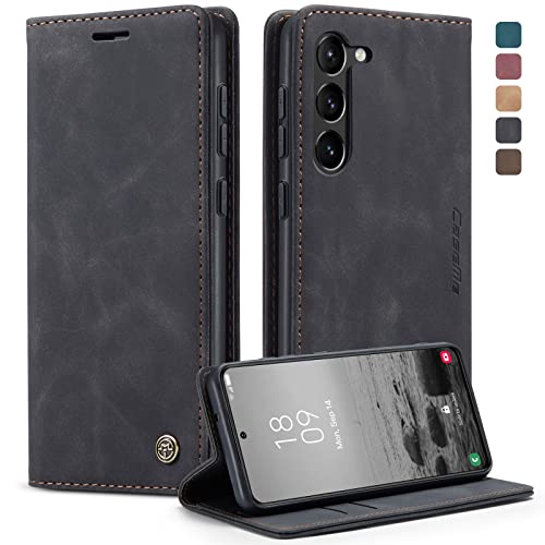 CaseMe Schutzhülle für Samsung Galaxy S23 Plus/S23+, weiches PU-Leder, Klappetui, magnetischer Ständer, Klapphülle, Lederhülle mit Ausweis- und Kreditkartenfächern, Schwarz von YZBYFON