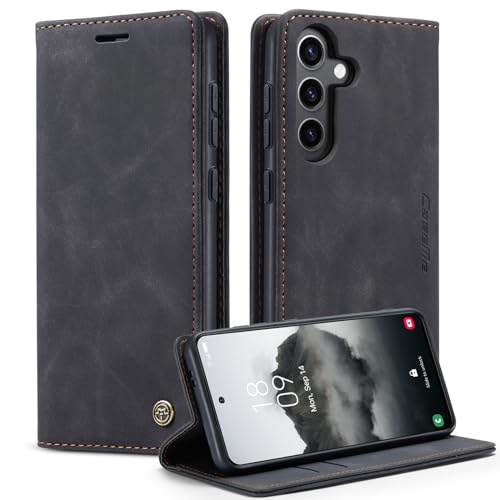 YZBYFON CaseMe Schutzhülle für Samsung Galaxy S24, weiches PU-Leder, Klappetui, magnetischer Ständer, Klapp-Schutzhülle, Lederhülle mit Ausweis- und Kreditkartenfächern (Schwarz, S24) von YZBYFON