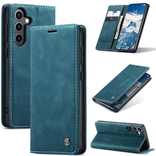 CaseMe Schutzhülle für Samsung Galaxy S24 Plus/S24+, Brieftaschenformat, weiches PU-Leder, Klapphülle mit magnetischem Ständer, Kreditkartenfächern (Blau, S24+) von YZBYFON