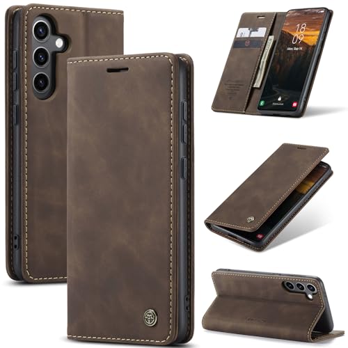 CaseMe Schutzhülle für Samsung Galaxy S24 Plus/S24+, weiches PU-Leder, Klapphülle mit Magnetständer, Klapphülle aus Leder mit Ausweis- und Kreditkartenfächern (Kaffee, S24+) von YZBYFON