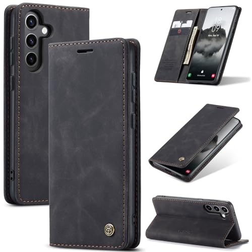 CaseMe Schutzhülle für Samsung Galaxy S24 Plus/S24+, Brieftaschenformat, weiches PU-Leder, Klapphülle mit magnetischem Ständer, Flip-Schutzhülle, Ausweis- und Kreditkartenfächern (Schwarz, S24+) von YZBYFON