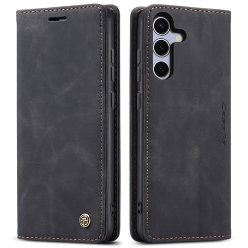 CaseMe Schutzhülle für Samsung Galaxy S25, weiches PU-Leder, Klappetui, magnetischer Ständer, Klapphülle mit Ausweis- und Kreditkartenfächern, Schwarz, S25 von YZBYFON