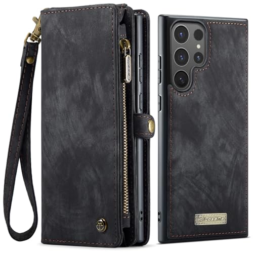 CaseMe Schutzhülle für Samsung Galaxy S25 Ultra, Magnetverschluss, Reißverschluss, Ständer, Premium-strapazierfähiges PU-Leder, Folio-Schutzhülle mit Kartenhalter, Umhängeband, Handgelenk, Schwarz von YZBYFON
