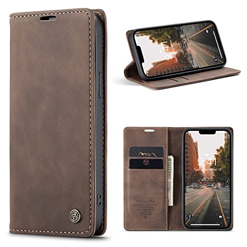 CaseMe Schutzhülle für iPhone 14 (6.1), weiches PU-Leder, Klappetui, magnetischer Ständer, Klapphülle mit Ausweis- und Kreditkartenfächern, kompatibel mit iPhone 14 (Kaffee) von YZBYFON