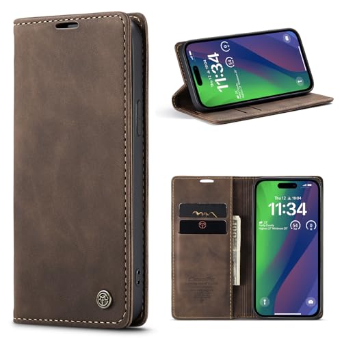 CaseMe Schutzhülle für iPhone 15 (6.1), weiches PU-Leder, Klappetui, magnetischer Ständer, Klapphülle mit Ausweis- und Kreditkartenfächern, Kaffeebraun von YZBYFON