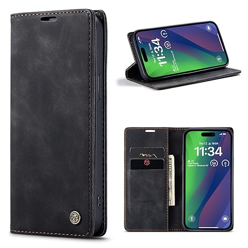 CaseMe Schutzhülle für iPhone 15 (6.1), weiches PU-Leder, Klappetui, magnetischer Ständer, Klapphülle mit Ausweis- und Kreditkartenfächern, Schwarz von YZBYFON