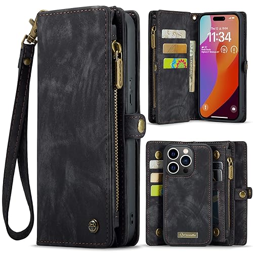 CaseMe Schutzhülle für iPhone 15 Pro (6.1), Brieftaschen-Hülle, magnetischer Klapp-Reißverschluss, Tasche, Ständer, Premium-strapazierfähiges PU-Leder, Folio-Hülle mit Kartenhalter, Umhängeband, von YZBYFON