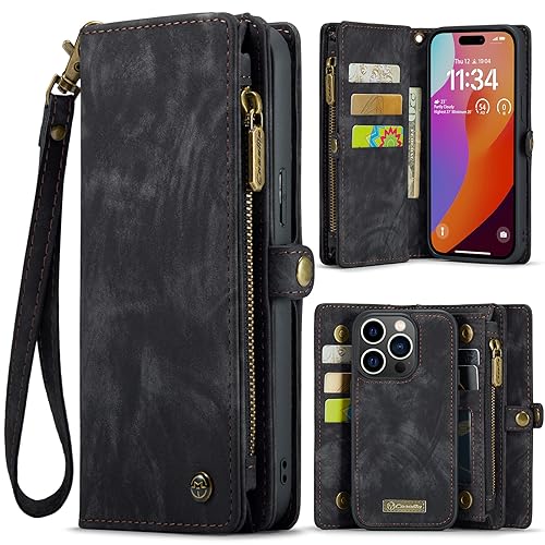 CaseMe Schutzhülle für iPhone 15 Pro (6.1), Magnet-Klapphülle mit Reißverschluss, Ständer, Premium-strapazierfähiges PU-Leder, Folio-Schutzhülle mit Kartenhalter, Umhängeband, Armband (15 Pro, von YZBYFON