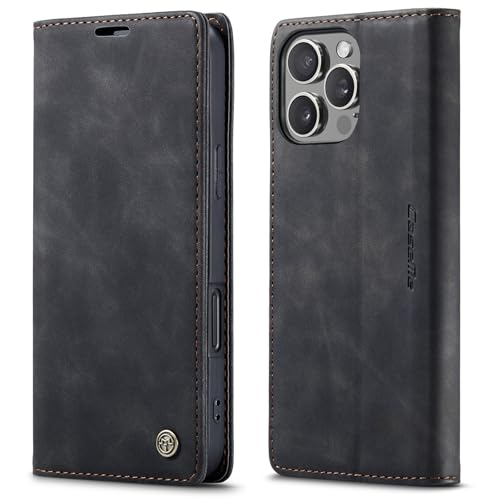 CaseMe Schutzhülle für iPhone 16 Pro Max, weiches PU-Leder, Klappetui, magnetischer Ständer, Klapphülle, Leder, mit Ausweis- und Kreditkartenfächern, für iPhone 16-Pro-Max (Schwarz) von YZBYFON