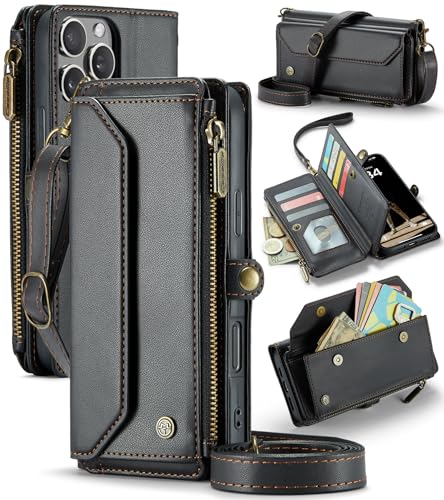 CaseMe Schutzhülle für iPhone 16 Pro Max (6,9 Zoll), RFID-blockierend, Retro-PU-Lederband, Magnet-Klapphülle, Kartenhalter, Umhängeband und Ständer für iPhone 16-Pro-Max (schwarz) von YZBYFON