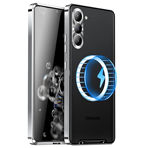 Metallhülle für Samsung Galaxy S23 Plus/S23+, Militärqualität Metall Bumper Stoßfest Durchscheinende Abdeckung Matte PC Rückseite Cover mit Magnetischem Wireless Chager für S23+ (Silber) von YZBYFON