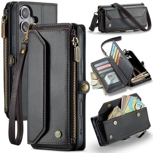 YZBYFON CaseMe Schutzhülle für iPhone 16 Plus (6,7 Zoll), RFID-blockierend, Retro-PU-Lederband, Magnet-Klapphülle, Kartenhalter, Umhängeband und Ständer für iPhone 16 Plus, Schwarz von YZBYFON