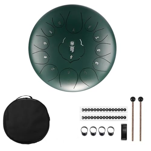12-Zoll-13-Ton-Handpan-Trommel C-Moll-Stahlzungentrommel-Schlaginstrumente mit gepolsterter Trommeltasche und einem Paar Schlägeln für Musikheilung(Green) von YZDKR