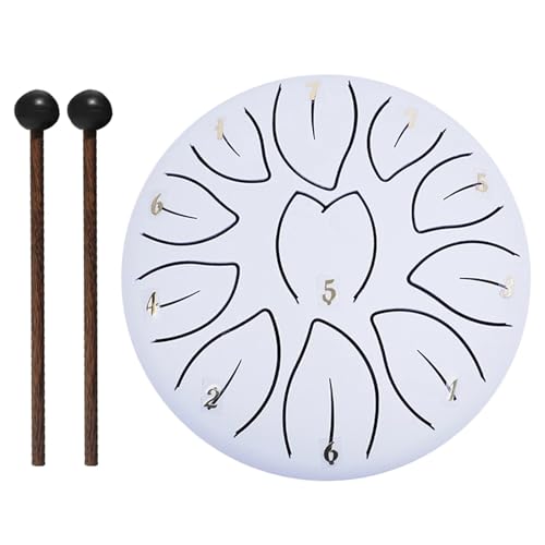 6 Zoll 11 Noten Handpan Trommel mit Trommeltasche Musikbuch Trommelschlägel Fingerpicks Schlaginstrumente Klangheilungsinstrumente für Musikheilung(White) von YZDKR