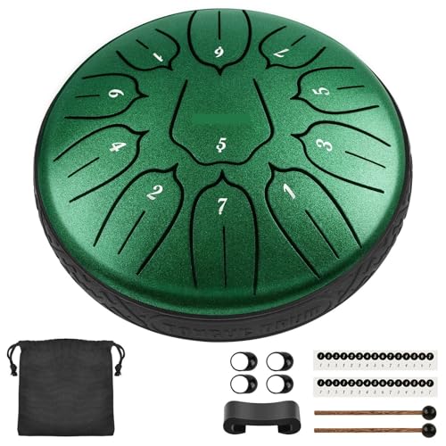 6'' Zungentrommel 11 Noten D Tune Handpan Percussion Musikinstrument Zubehör Drum Pad Tank Sticks für Musikheilung(GREEN) von YZDKR