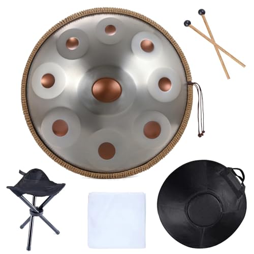 Handpan 18 Zoll G-Moll 440 Hz 9 Noten Pantam Steel Drum Hand Pan Drum for Anfänger Yoga Meditation Musikinstrumente für Musikheilung(Silver gold) von YZDKR