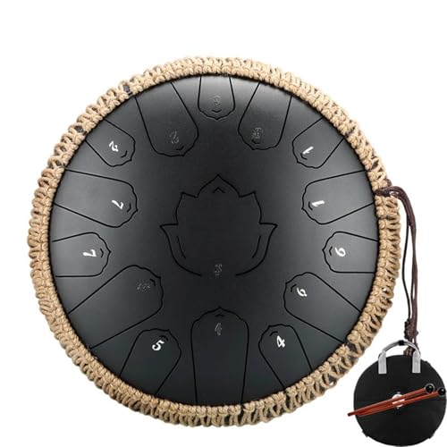Stahlzungentrommel 14 Zoll 15 Noten C Ätherische Trommel 13 Zoll 15 Noten Handpan Percussion Musikinstrument für Musikheilung(Black 13 inch) von YZDKR