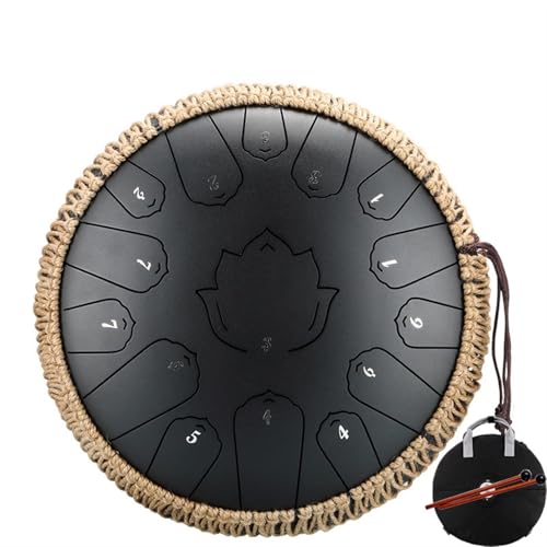 Stahlzungentrommel 14 Zoll 15 Noten C Ätherische Trommel 13 Zoll 15 Noten Handpan Percussion Musikinstrument für Musikheilung(Black 14 inch) von YZDKR