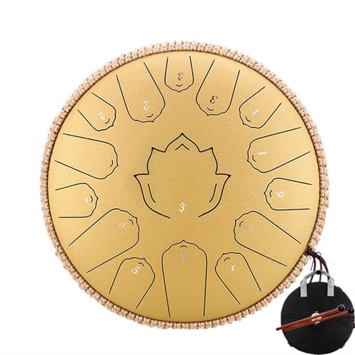 Stahlzungentrommel 14 Zoll 15 Noten C Ätherische Trommel 13 Zoll 15 Noten Handpan Percussion Musikinstrument für Musikheilung(Gold 13 inch) von YZDKR