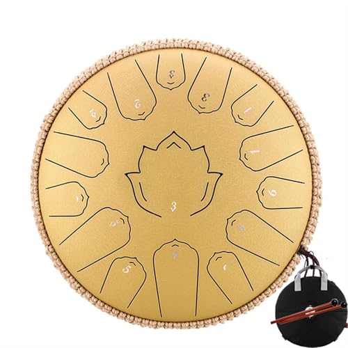 Stahlzungentrommel 14 Zoll 15 Noten C Ätherische Trommel 13 Zoll 15 Noten Handpan Percussion Musikinstrument für Musikheilung(Gold 14 inch) von YZDKR