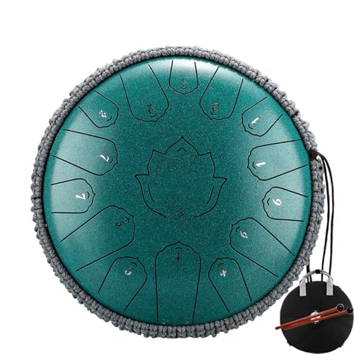 Stahlzungentrommel 14 Zoll 15 Noten C Ätherische Trommel 13 Zoll 15 Noten Handpan Percussion Musikinstrument für Musikheilung(Green-1 14 inch) von YZDKR