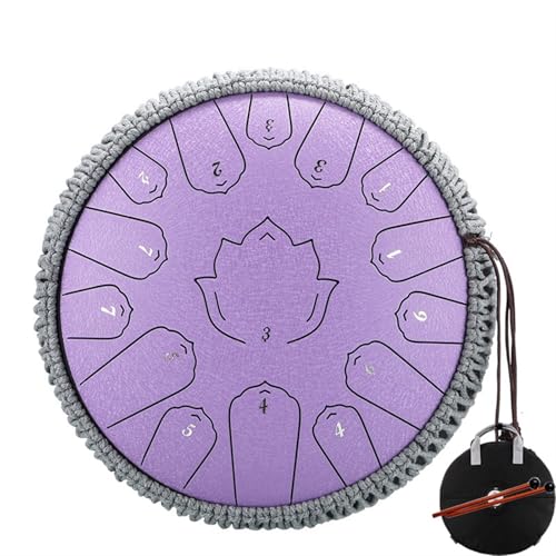 Stahlzungentrommel 14 Zoll 15 Noten C Ätherische Trommel 13 Zoll 15 Noten Handpan Percussion Musikinstrument für Musikheilung(Purple 14 inch) von YZDKR