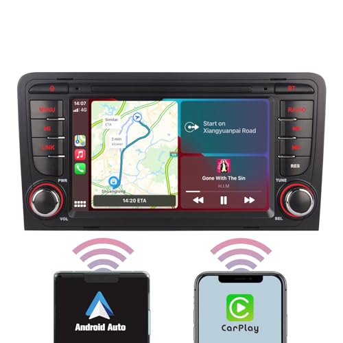 YZKONG Autoradio für Audi A3 S3 RS3 2003-2012 kompatibel mit drahtlos CarPlay Android Auto, 7 Zoll Touchscreen-Auto-Receiver AM/FM/Bluetooth/USB von YZKONG