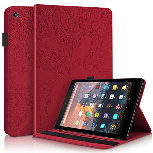YaMiDe Hülle Kompatibel mit Amazon Fire HD 10 Tablet 10.1" (2017 Release), [mit Displayschutzfolie], Lederhülle mit Kartensteckplatz und Auto Sleep/Wake, Baum des Lebens, rot von YaMiDe