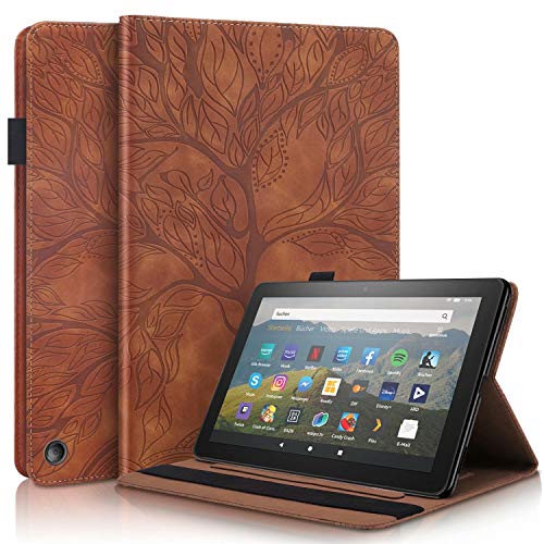 YaMiDe Hülle Kompatibel mit Amazon Fire HD 8/Fire HD Plus(2020 Release), [mit Displayschutzfolie], Lederhülle mit Kartensteckplatz und Auto Sleep/Wake, Baum des Lebens, Braun von YaMiDe