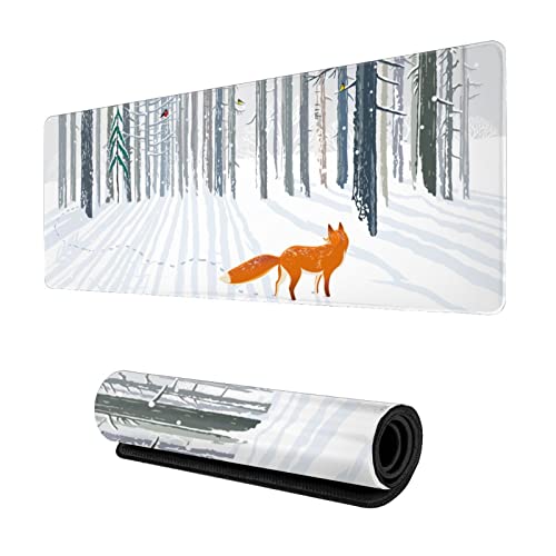 Gaming-Mauspad, Motiv: Winterwald, Landschaft, roter Fuchs, lang, verlängertes XL-Mauspad, Schreibtischunterlage, große rutschfeste Gummi-Mäuse, genähte Kanten, 80 x 20 cm von Yaateeh