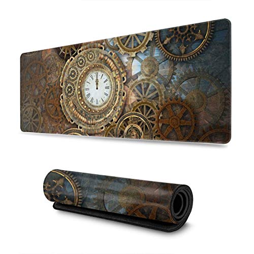 Rusty Steampunk Clock Gears Gaming-Mauspad, langes erweitertes XL-Mauspad, Schreibtischunterlage, große rutschfeste Gummi-Mäusepads, genähte Kanten, 80 x 20 cm von Yaateeh